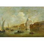 A large 19th century gilt framed oil on canvas, gondolas in Venice with St. Marks in the background,