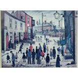 A framed and glazed print of the oil painting 'The Procession' by L.S. Lowry. Gallery label verso.