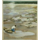 An oil on board, a man and his dog in rock pools, signed and dated Sylvia Jarrett. H.78 W.68cm