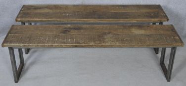 A pair of metal framed refectory benches with planked tops. H.45.5 L.150 W.31.5cm