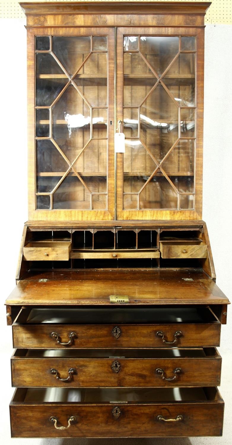 A Georgian mahogany two section bureau bookcase with upper astragal glazed top above fall front - Image 3 of 5