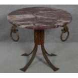 A Eastern metal framed occasional table fitted with veined marble top. H.48 D.60cm
