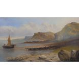 A 19th century gilt framed oil on board, rocky coastline with a sailing boat, indistinctly