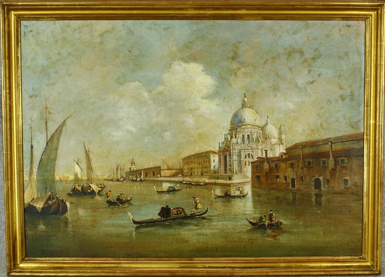 A large 19th century gilt framed oil on canvas, gondolas in Venice with St. Marks in the background, - Image 2 of 5