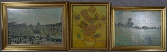 Three various gilt framed prints of French Impressionist works. H.59.5 W.79.5cm (Largest)