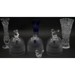 Two cut crystal vases, a Bohemian cobalt blue cut to clear vase and three engraved glass dome covers