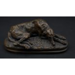 A bronze figure of a resting greyhound on a naturalistic base. L.15cm