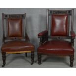 A late 19th century carved mahogany armchair in leather upholstery and the matching nursing chair.
