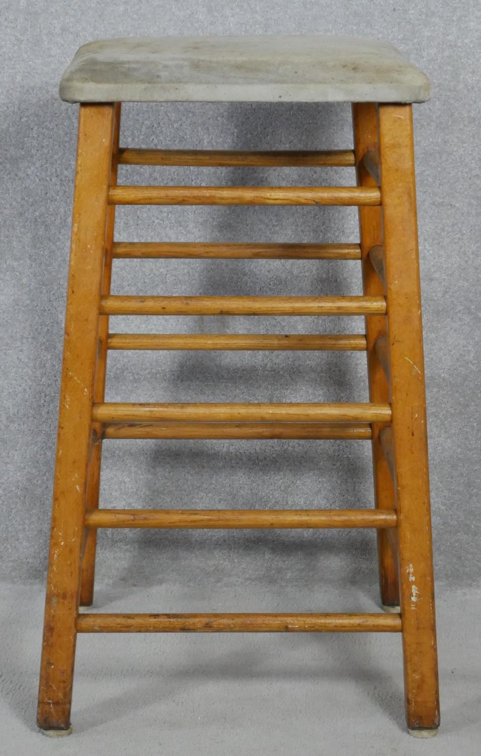 A pair of vintage teak framed vaulting horses or exercise stools with tops upholstered in suede. H. - Image 2 of 7