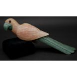 A carved rose quartz and aventurine parrot sculpture with white metal engraved feet. L.26.5cm