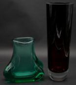 Two Art Glass vases, one with globular form in turquoise and one cylindrical brown cased in clear