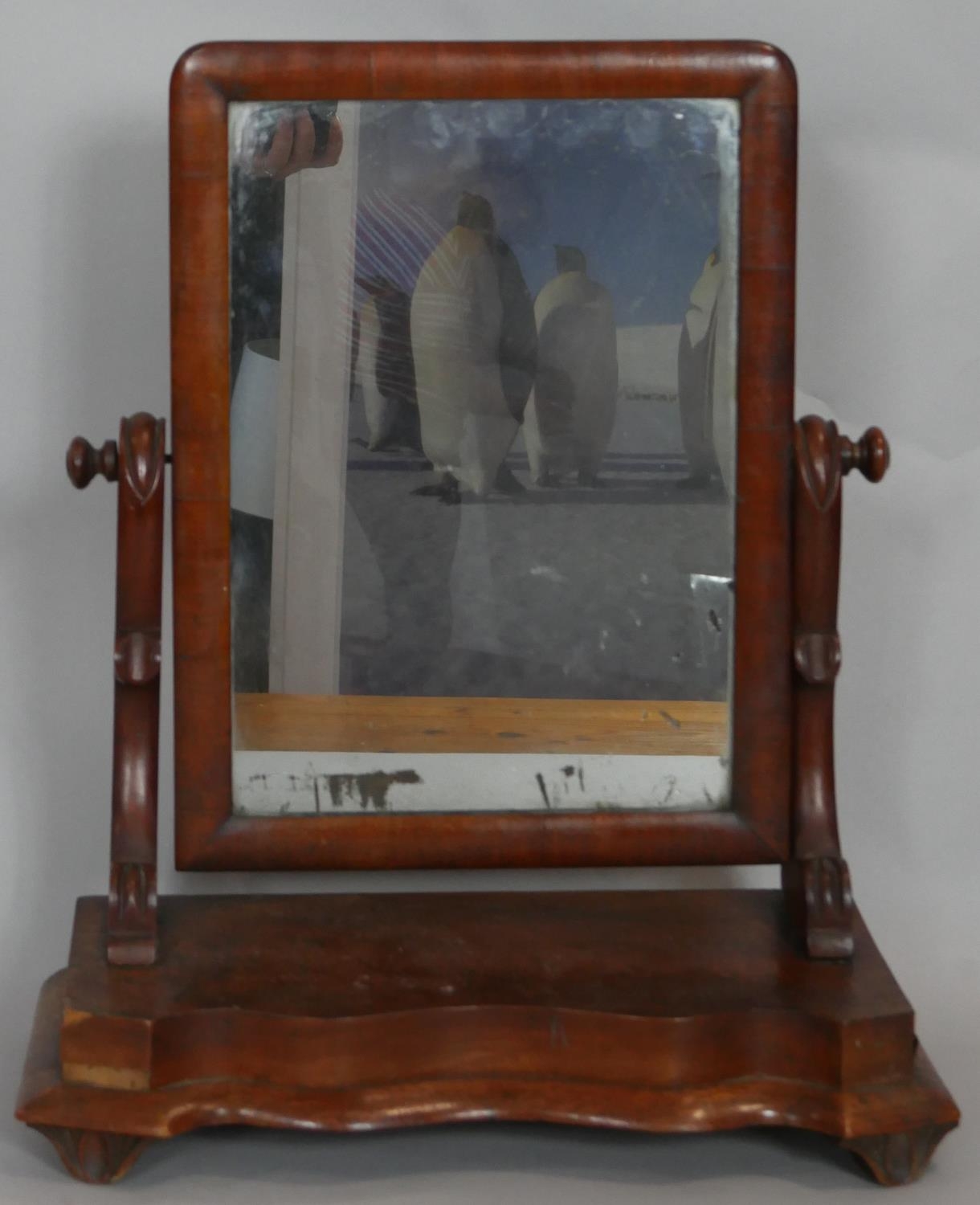 A Victorian mahogany swing toilet mirror on shaped platform base. H.50 W.42.5 D.20cm