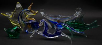 Six pieces of Art Glass. Including a Murano glass blue crescent shaped bowl with label, a blue and