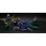 Six pieces of Art Glass. Including a Murano glass blue crescent shaped bowl with label, a blue and