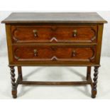 A mid century Jacobean style two drawer oak chest on stretchered barleytwist supports. H.80 W.90 D.