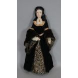 A boxed hand made painted ceramic and fabric doll of Anne Boleyn. With makers label, by Jean