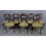 A set of eight mid Victorian mahogany balloon back dining chairs with carved splats above stuff over