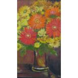 An oil on board, still life flowers, indistinctly signed, in gilt floral frame. H.55 W.45cm