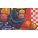 A framed oil on canvas board, still life fruit, The blue Basket, signed and dated Peter McDonald