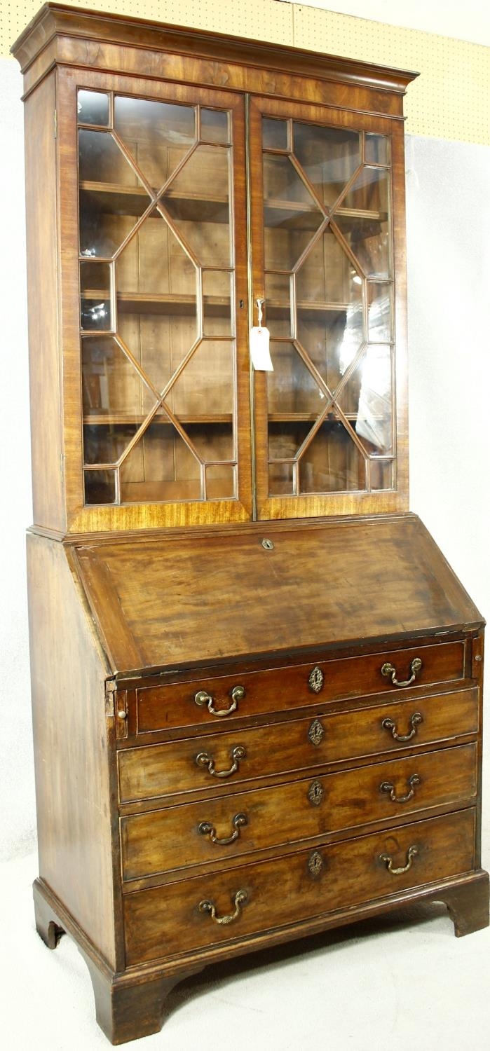 A Georgian mahogany two section bureau bookcase with upper astragal glazed top above fall front - Image 2 of 5