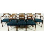 A set of eight late Georgian mahogany dining chairs with flame mahogany bar backs and Black Watch