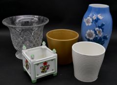 A Limoges hand decorated miniature planter, a Danish floral glazed bulbous vase and other glass