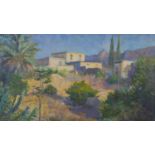 A framed oil on board, Impressionist style Tuscan landscape with villa, unsigned. H.50 W.63.5cm