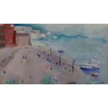 A gilt framed oil on board, Impressionist style beach scene, signed Jenssen. H.30 W.33cm