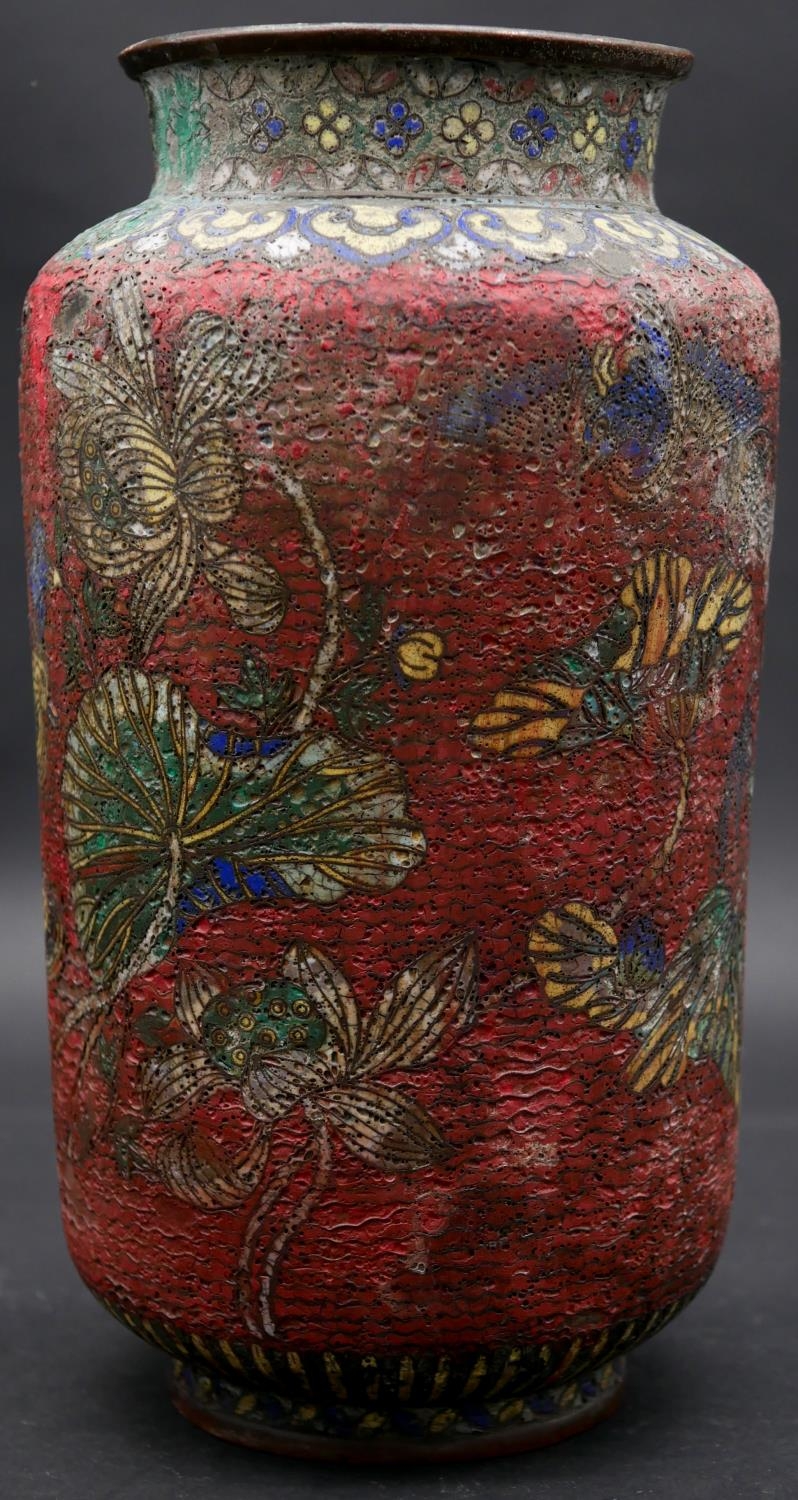 A 20th century Oriental enamel on bronze vase decorated with Mandarin ducks, lotus flowers and - Image 2 of 3