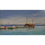 Elise Cazalet, oil on board, Sitia Harbour, Crete, signed with inscription to the reverse. H.49 W.