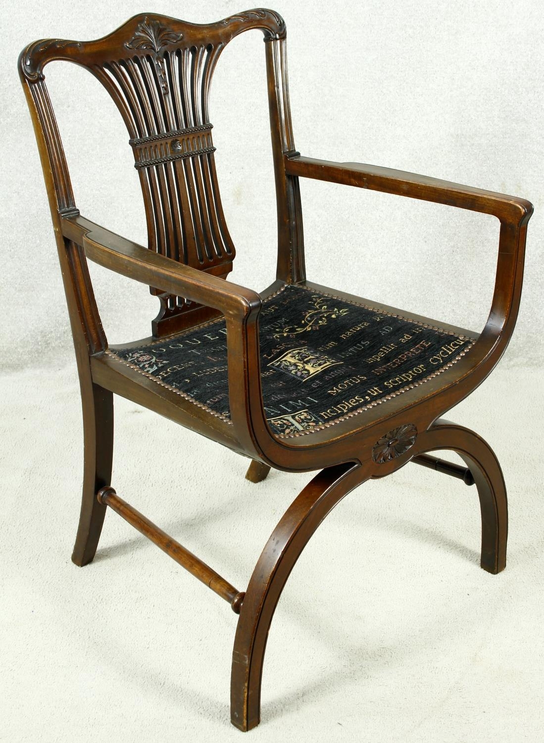 A mahogany Chippendale style X framed armchair with pierced and carved vase shaped back splat. H. - Image 2 of 3