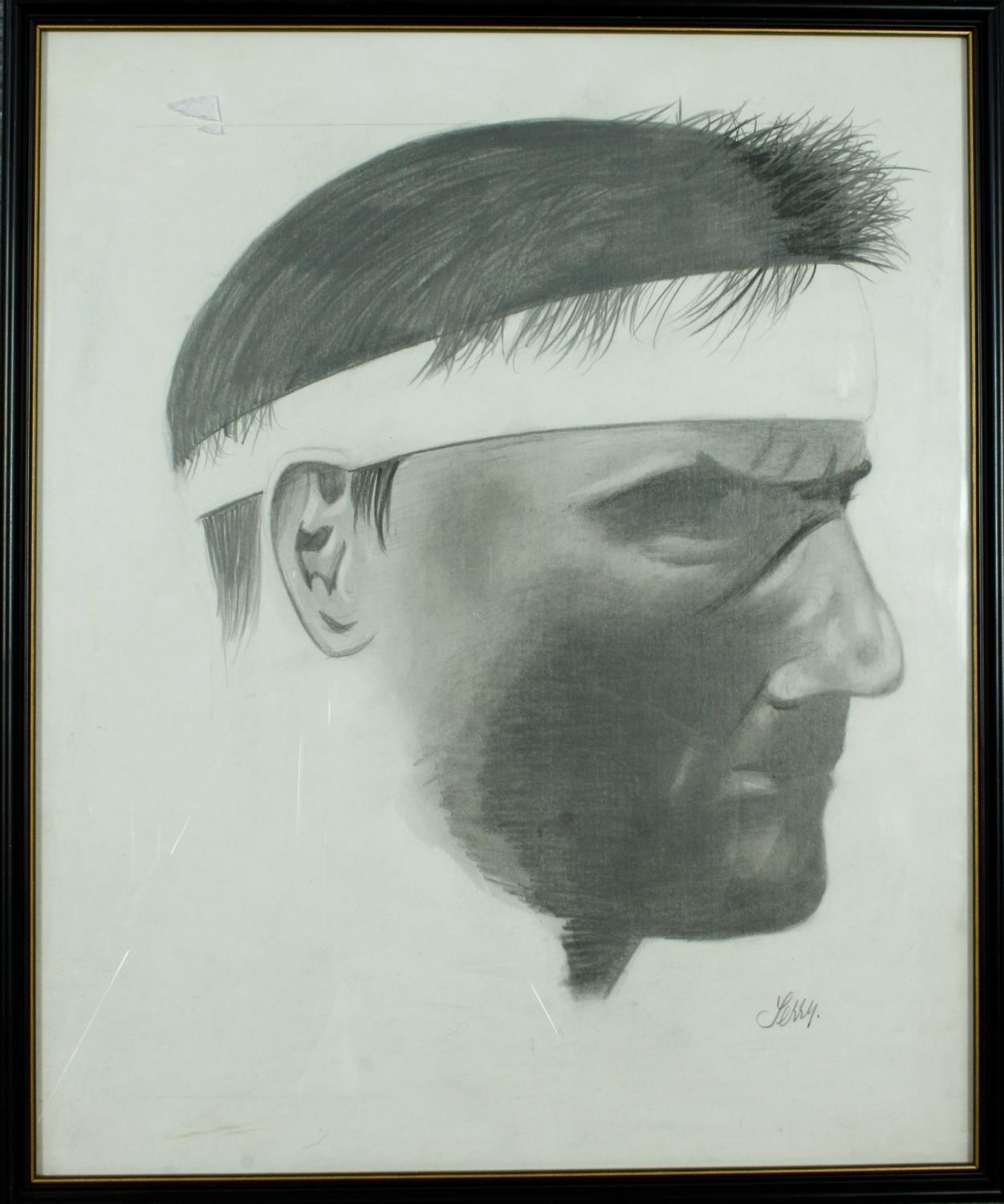 A framed and glazed pencil portrait drawing by Terry Doyle, signed. H.45 W.38cm - Image 2 of 7