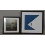 Two framed and glazed abstract prints, one with an door with crows and the other with a lone