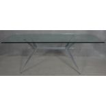 A 1980's plate glass topped dining table on metal base, T/38 by Studio Archirivolto for Fasem. H.