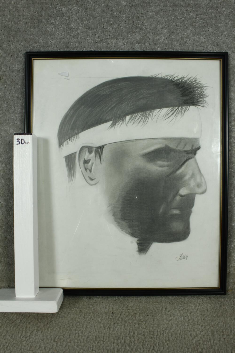A framed and glazed pencil portrait drawing by Terry Doyle, signed. H.45 W.38cm - Image 7 of 7