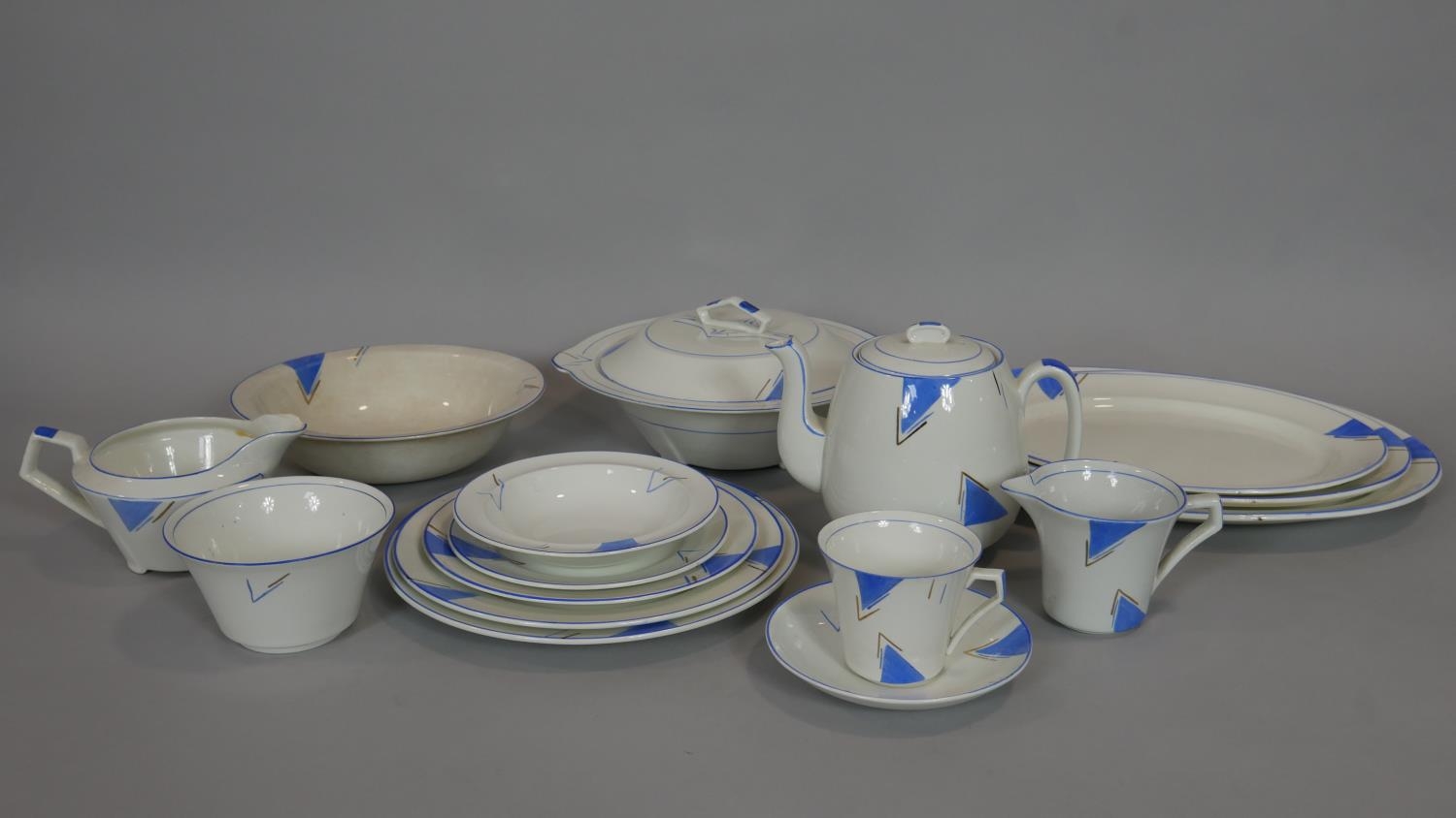 A hand decorated Art Deco part dinner service to include twelve plates, marked 'Cumberland' C J - Image 2 of 12