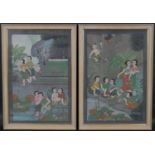 A pair of framed and glazed gouache studies, Eastern figures by a lake with lily pads. H.49 W.34.5cm