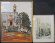 Two watercolours; Mediterranean church, signed A Marini and an Alpine scene, signed V Campanile. H.