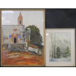 Two watercolours; Mediterranean church, signed A Marini and an Alpine scene, signed V Campanile. H.