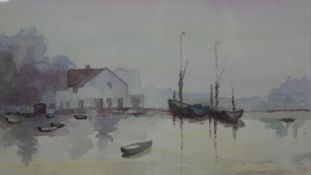 A framed and glazed watercolour, boats on a lake, unsigned. H.38 W.48.5cm