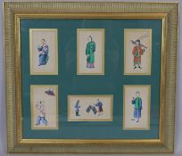 A framed and glazed set of six antique Chinese water colour studies of everyday life. H.59 W.66cm