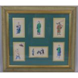 A framed and glazed set of six antique Chinese water colour studies of everyday life. H.59 W.66cm