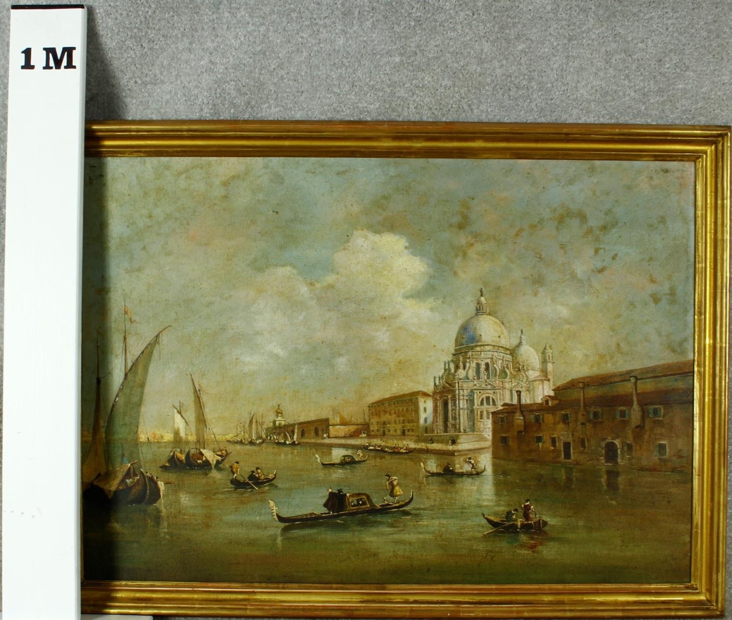 A large 19th century gilt framed oil on canvas, gondolas in Venice with St. Marks in the background, - Image 5 of 5