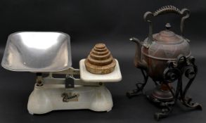 A pair of vintage 'The Queen' Weylux shop scales with weights along with an Arts and Crafts copper