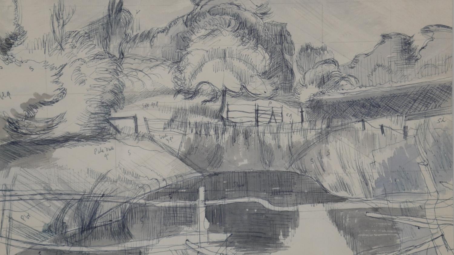 John Northcote Nash, RA (1893-1977), ink and wash on paper, Fence and Pond, inscribed with notes,