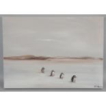 An oil on canvas of a line of penguins in the Antarctic. Indistinctly signed. H.50 W.70cm