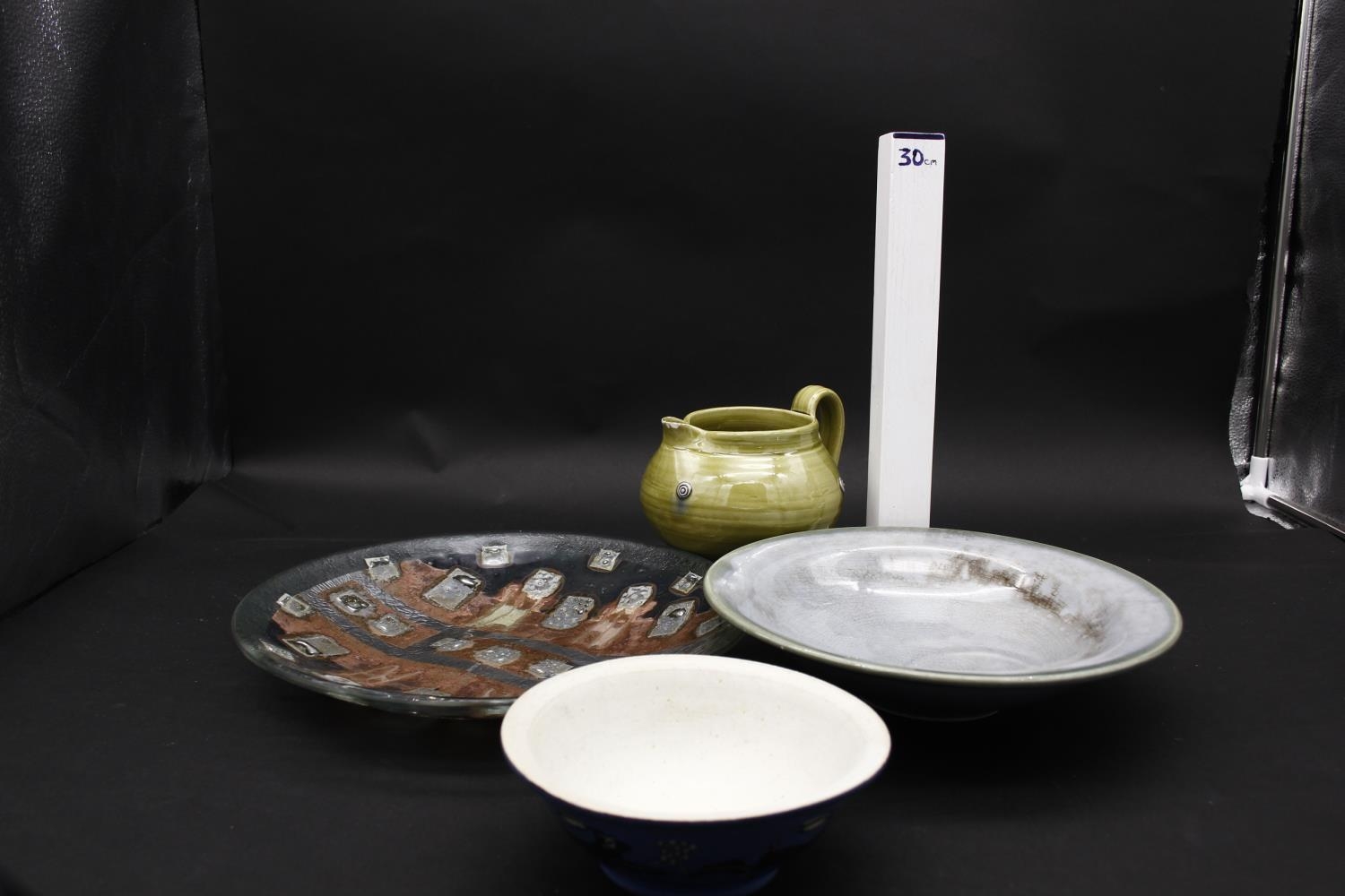 Three pieces of Art Pottery and a Murano style glass bowl. A green glaze jug with roundels, a - Image 2 of 8