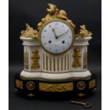 A late 18th century French Louis XVI black and white marble and gilt bronze clock, white enamel dial