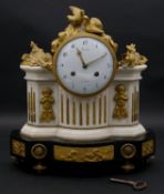 A late 18th century French Louis XVI black and white marble and gilt bronze clock, white enamel dial