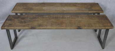 A pair of metal framed refectory benches with planked tops. H.45.5 L.150 W.31.5cm